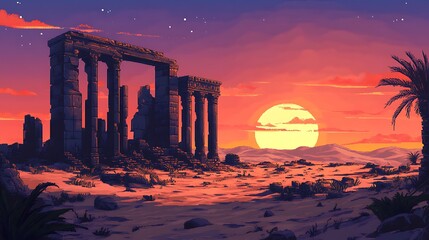 Desert Sunset Ruins: Witness the stunning beauty of a sunset over ancient ruins in the desert. The sun casts a warm glow on the weathered stone structures.