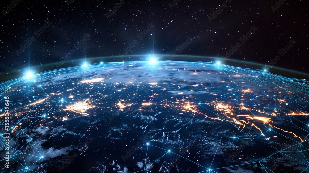Fototapete planet with a network of lines connecting it to other planets. connections system and global datas e