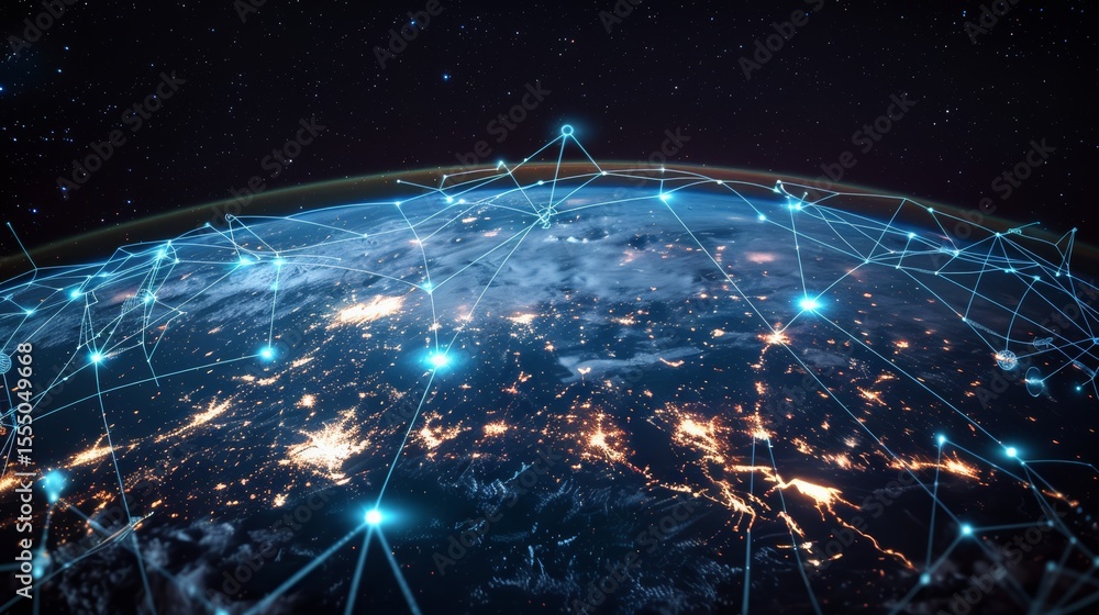 Fototapete planet with a network of lines connecting it to other planets. connections system and global datas e