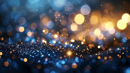 Golden light shine particles bokeh on navy blue background. Holiday. Abstract background with Dark blue and gold particle, shine, bright, sparkle, magical, glittering, texture, effect, space