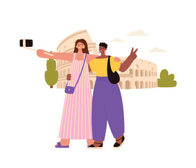 Happy women make selfie near Rome Coliseum. Friends on summer vacations. Travel destinations Italy. Summer travel destinations Europe. Flat style vector illustration