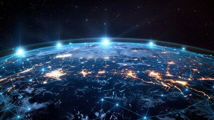 planet with a network of lines connecting it to other planets. Connections system and global datas exchanges over the globe 3D rendering elements of this image