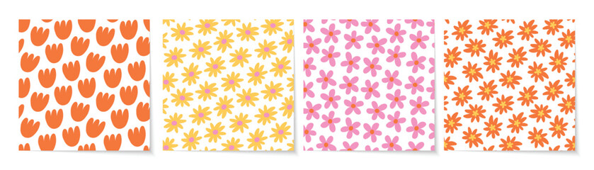Set of floral seamless patterns with various flowers. Flat vector designs collection