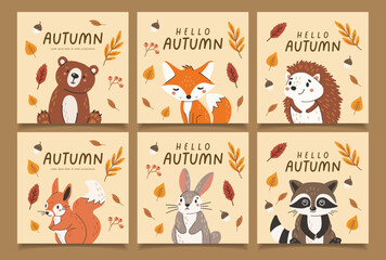 Wild animals set isolated, cute forest animals, kids vector, design for posters, stickers, banners