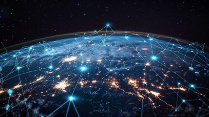 planet with a network of lines connecting it to other planets. Connections system and global datas exchanges over the globe 3D rendering elements of this image