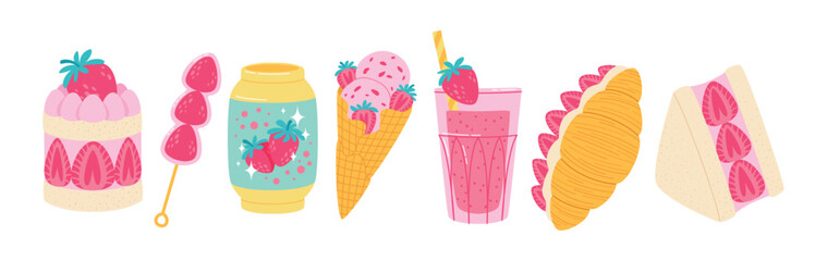 Strawberry japan style desserts set. Various sweet food with strawberry flavor. Flat style sweet vector illustrations collection isolated