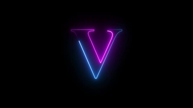 neon glowing light V letter icon animation on black background