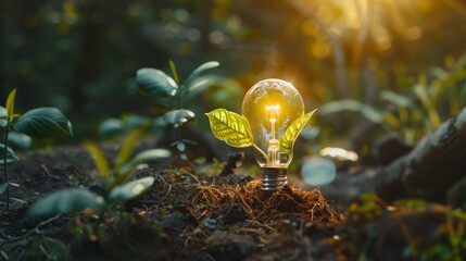 light bulb is lit up and is surrounded by green leaves. The light bulb is glowing brightly, creating a warm and inviting atmosphere. Concept of growth and vitality