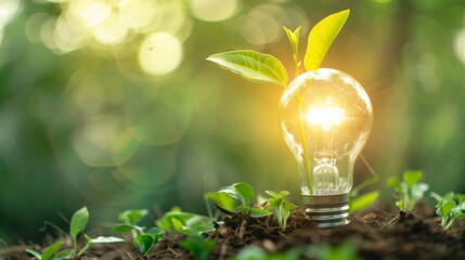 light bulb is lit up and is surrounded by green leaves. The light bulb is glowing brightly, creating a warm and inviting atmosphere. Concept of growth and vitality