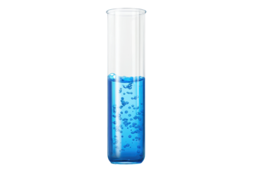 Test tube filled with blue liquid and bubbles on a neutral background showcasing chemical reaction in a laboratory setting
