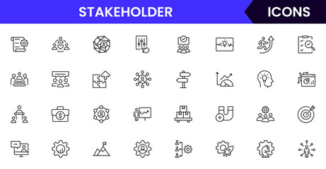 Vector illustration web line icon collection for stakeholder collaboration, influence, communication, and partnership symbols in a professional, modern, and interconnected design style.
