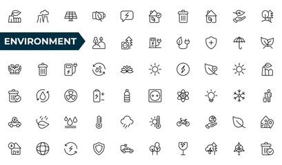 Environment line Icon Set. A vibrant collection of icons promoting sustainability and eco-friendliness, environmental awareness and conservation efforts.