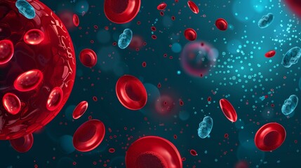 close up of a red and blue virus with red blood cells surrounding it. The red blood cells are scattered throughout the image, with some closer to the virus and others further away