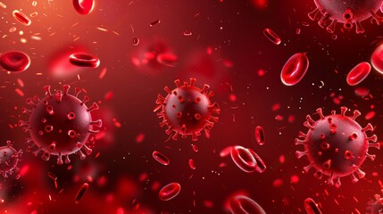close up of a red and blue virus with red blood cells surrounding it. The red blood cells are scattered throughout the image, with some closer to the virus and others further away
