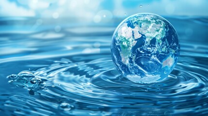 World Water Day concept with world in clean water drop on and fresh blue water ripples design, Environment save and ecology theme concept