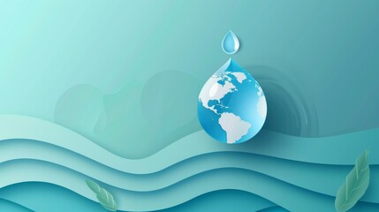 World Water Day concept with world in clean water drop on and fresh blue water ripples design, Environment save and ecology theme concept