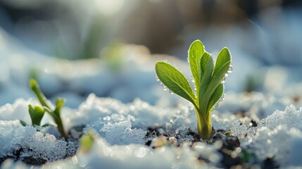 green sprout emerging from snowy frozen ground announcing end of winter end beginning of spring season, ice, bright, environment, life, concept, new, sunlight, light,