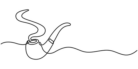 One continuous line drawing smoking pipe with smoke. Vintage tobacco pipe isolated on white background. Tube for smoking tobacco concept in a minimalistic linear style . Vector illustration.          