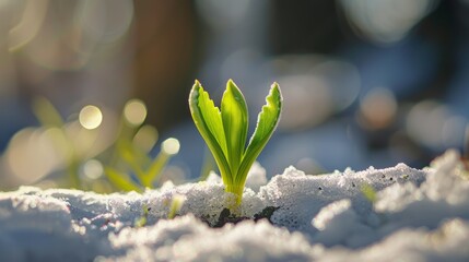 green sprout emerging from snowy frozen ground announcing end of winter end beginning of spring season, ice, bright, environment, life, concept, new, sunlight, light,