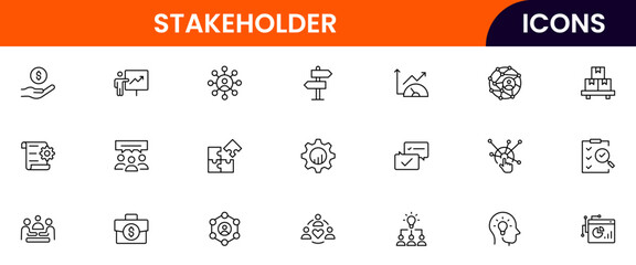 Vector illustration web line icon collection for stakeholder collaboration, influence, communication, and partnership symbols in a professional, modern, and interconnected design style.