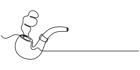 One continuous line drawing smoking pipe with smoke. Vintage tobacco pipe isolated on white background. Tube for smoking tobacco concept in a minimalistic linear style . Vector illustration.          
