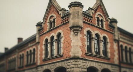 Fototapeta premium Detailed view showcasing the intricate brickwork and architectural details of an old building.
