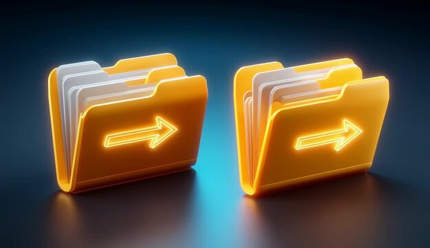 Illustration of file transfer between digital folders with arrows indicating movement and data exchange.
