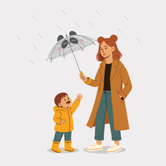 Motherhood and rainy weather, city scene in flat style. Mental health protection of children. Vector illustration	