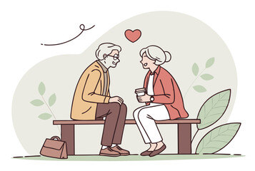 Love senior couple sit on bench and talk. Old Man and woman on the date outdoors. Romantic elderly male and female for valentine. Flat vector illustration