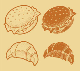 Burgers and Croissants Rustic Vector Set