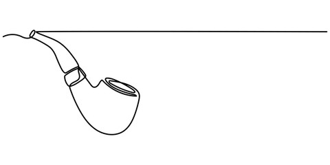 One continuous line drawing smoking pipe with smoke. Vintage tobacco pipe isolated on white background. Tube for smoking tobacco concept in a minimalistic linear style . Vector illustration.          