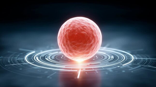 A glowing red sphere surrounded by glowing circular patterns, symbolizing atomic energy and scientific innovation.