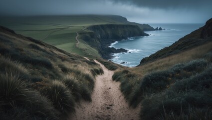 A coastal pathway through grassy dunes leading to the sea with cliffs in the background, under a cloudy sky.