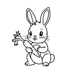  charming line art illustration of a rabbit holding a carrot, ideal for farm animal or woodland creature coloring books, spring themes, or healthy eating illustrations.