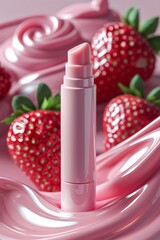 A pink lip balm is surrounded by strawberries and a pink background