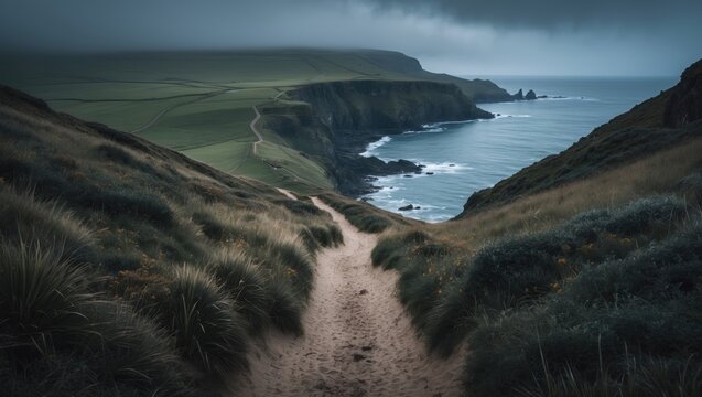 A coastal pathway through grassy dunes leading to the sea with cliffs in the background, under a cloudy sky.