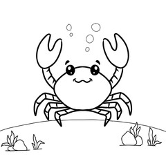  friendly line art illustration of a crab, great for sea creature coloring books, marine biology themes
