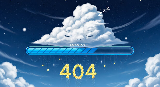 Whimsical cloud illustration featuring a loading bar and dreamy elements, creating a playful 404 error scene with stars and night sky