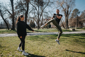 A fun interaction between two teenagers in an outdoor park, displaying energy and joy amid trees...