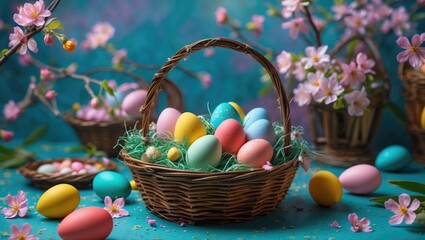 Naklejka premium Colorful Easter eggs in a basket surrounded by pink flowers and blossoms, celebrating spring and Easter traditions.