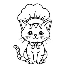  delightful line art drawing of a sophisticated cat wearing a chef's hat and bow tie, perfect for gourmet-themed coloring pages or charming culinary designs.