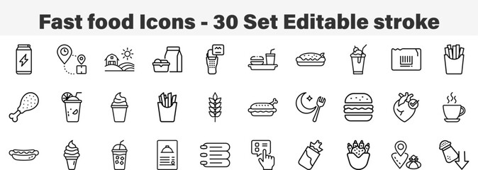 Fast Food Icons 30 Set. Line Art Icon Collection. Editable Stroke Vector Illustration