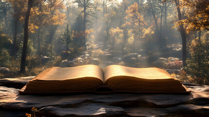 Enchanting forest bathed in sunlight illuminates an open book of knowledge