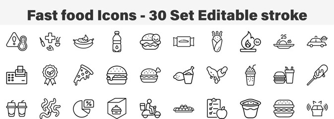 Fast Food Icons 30 Set. Line Art Icon Collection. Editable Stroke Vector Illustration