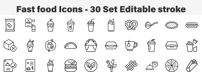 Fast Food Icons 30 Set. Line Art Icon Collection. Editable Stroke Vector Illustration