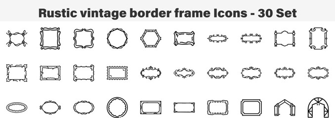 Set of 30 Outline Rustic Vintage Border Frame Icons Line Art Icon Collection Editable Stroke Vector Illustration