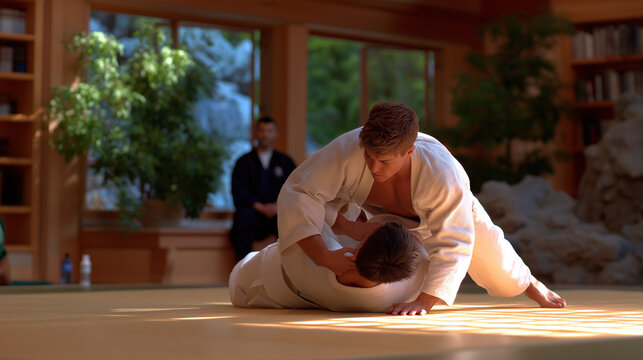 Judo practitioners sparring on tatami mat in dojo setting