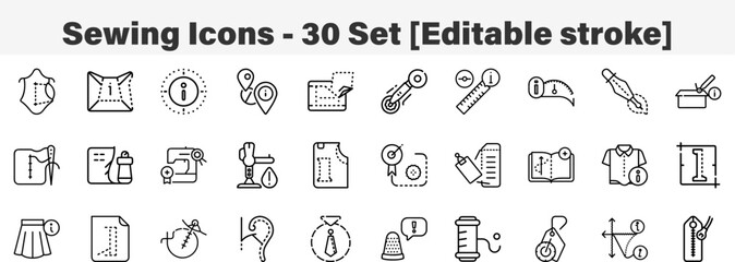 Sewing Icons 30 Set. Line Art Icon Collection. Editable Stroke Vector Illustration