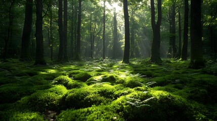 Fototapeta premium A serene forest glade with moss covered trees and delicate ferns
