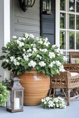 Beautifully arranged potted white flower plant on a welcoming porch with wicker furniture and decorative lanterns in a serene outdoor setting during springtime